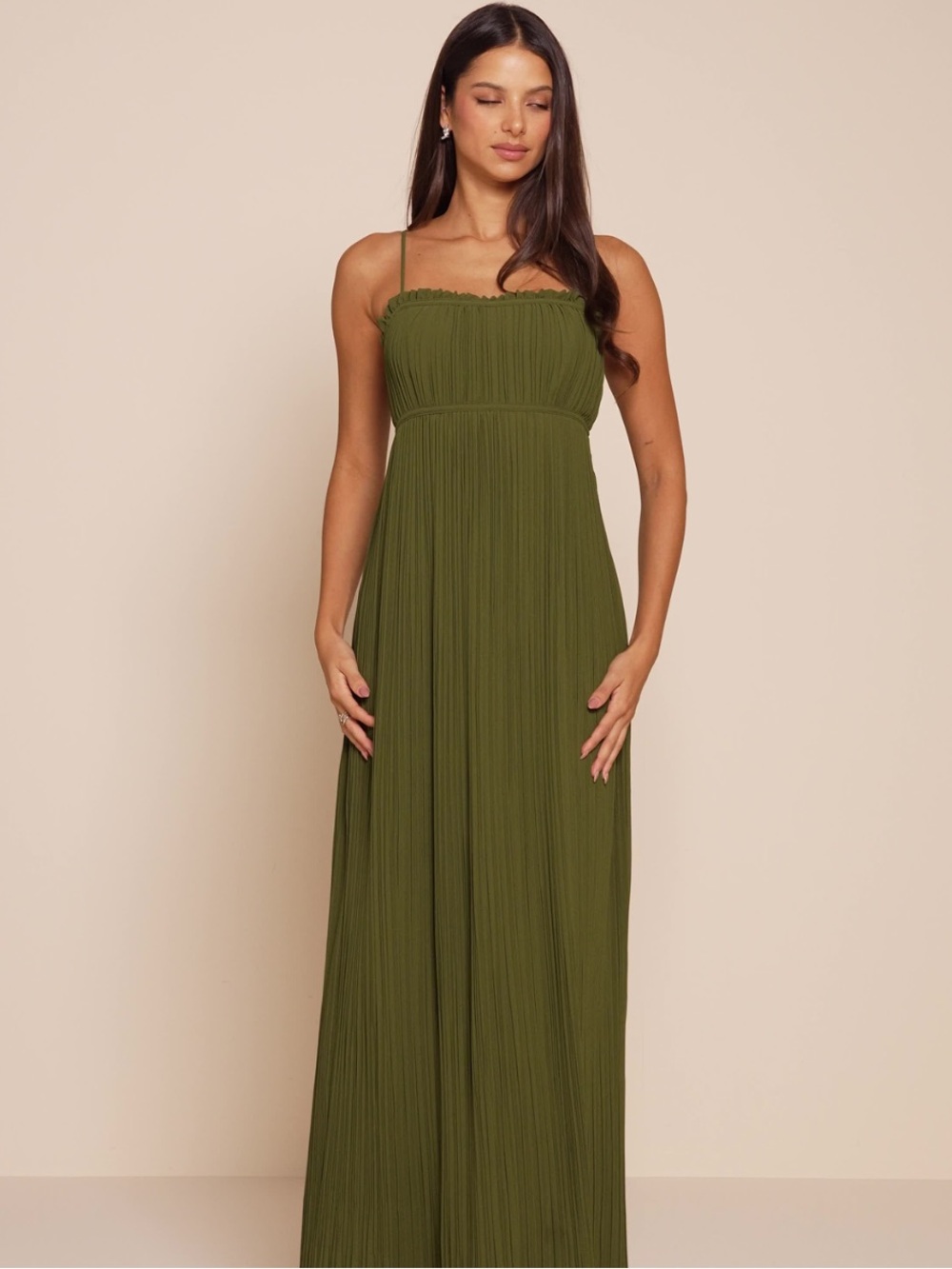 Lulu's Delina Olive Plisse Chiffon Tie-Back Maxi Dress Olive Green Pleated Small